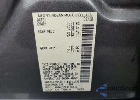 2019 Nissan Altima Sr from USA, damaged, VIN 1N4BL4CV5KC110189